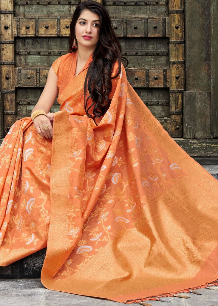 Apricot Orange Banarasi Silk Floral Motif Saree with Golden Border and Pallu Clothsvilla