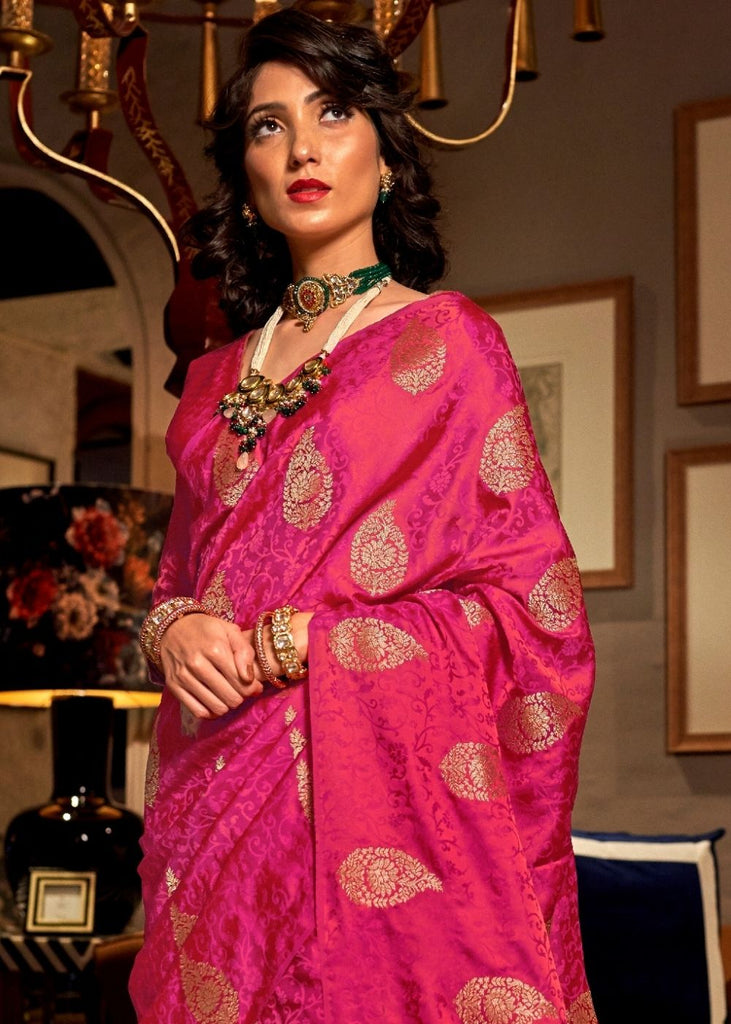 Ruby Pink Satin Woven Silk Saree with overall Golden Buti Clothsvilla