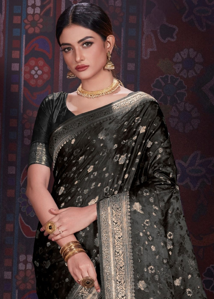 Pitch Black Zari Woven Satin Silk Saree Clothsvilla