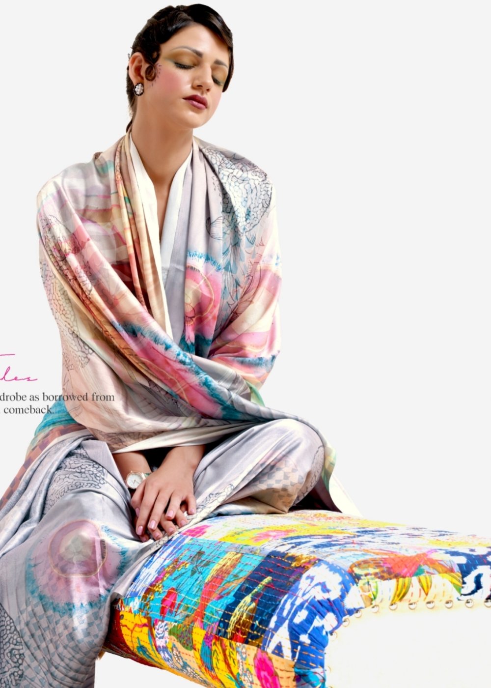 Silver Grey Digital Printed Satin Crepe Saree Secondary image