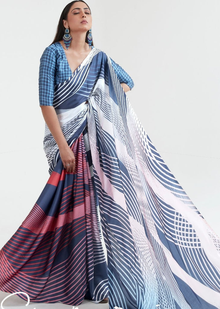 Blue Digital Printed Saree In Satin Silk Latest 5627SR10