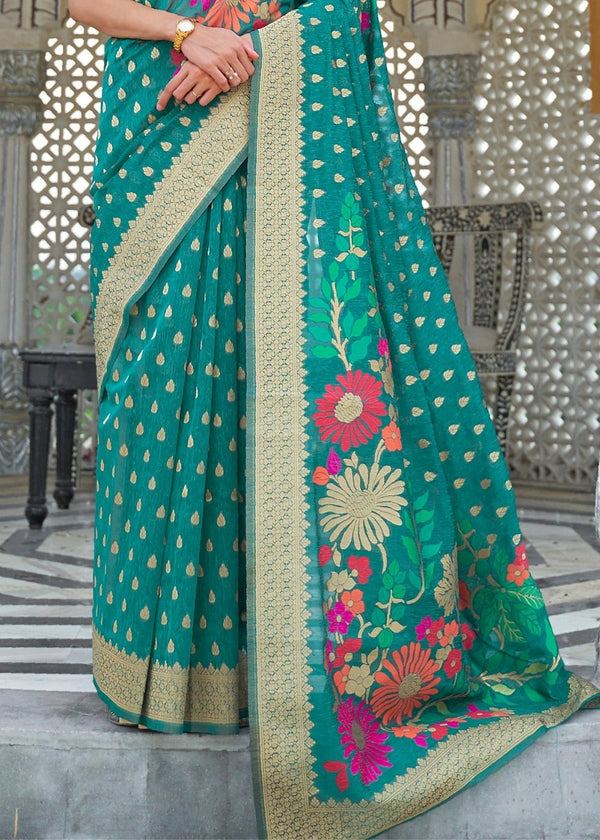 Pine Green Floral Embroidered Linen Silk Saree Clothsvilla