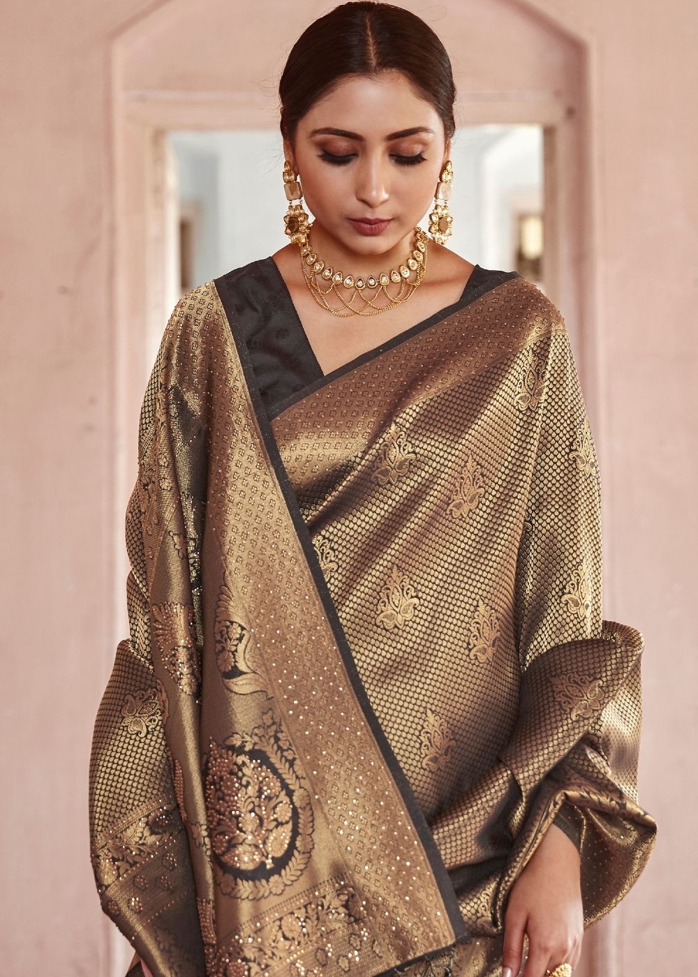 Cedar Brown Handloom Weave Kanjivaram Silk Saree with Swaroski work Clothsvilla