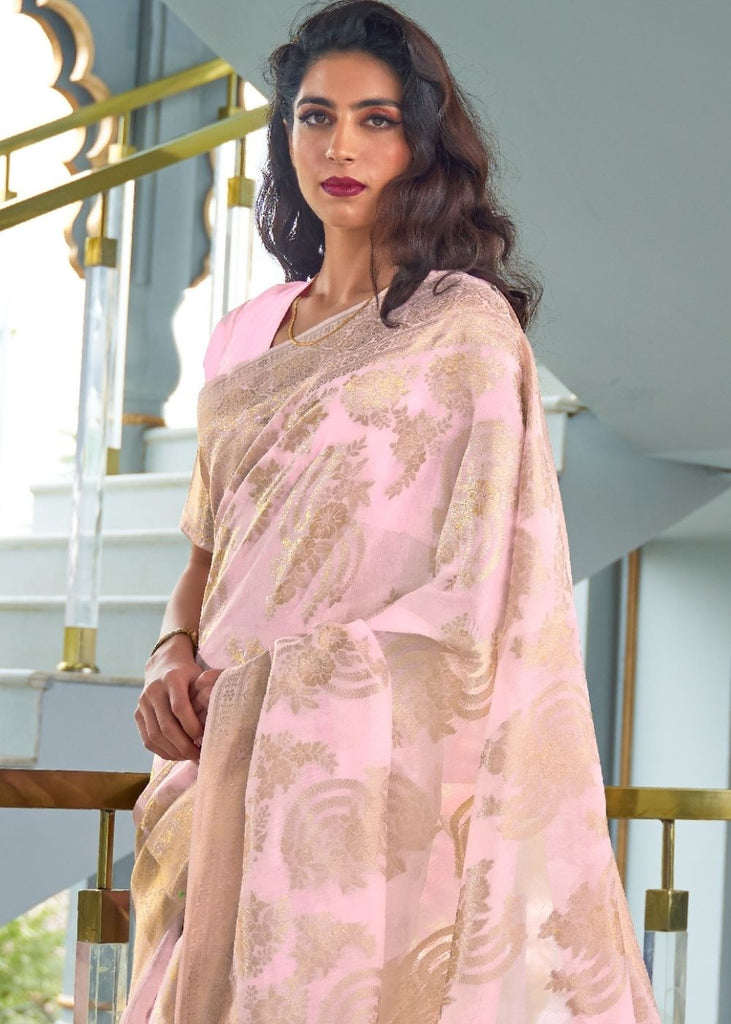 Flamingo Pink Embroidered Tissue Silk Saree