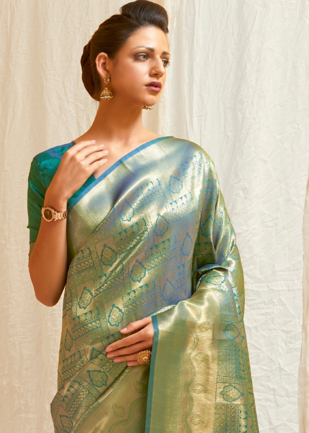 Pine Green & Golden Blend Kanjivaram Silk Saree Secondary image