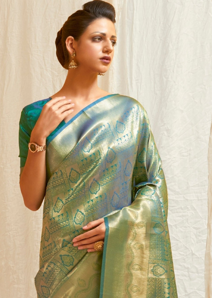 Pine Green & Golden Blend Kanjivaram Silk Saree Clothsvilla