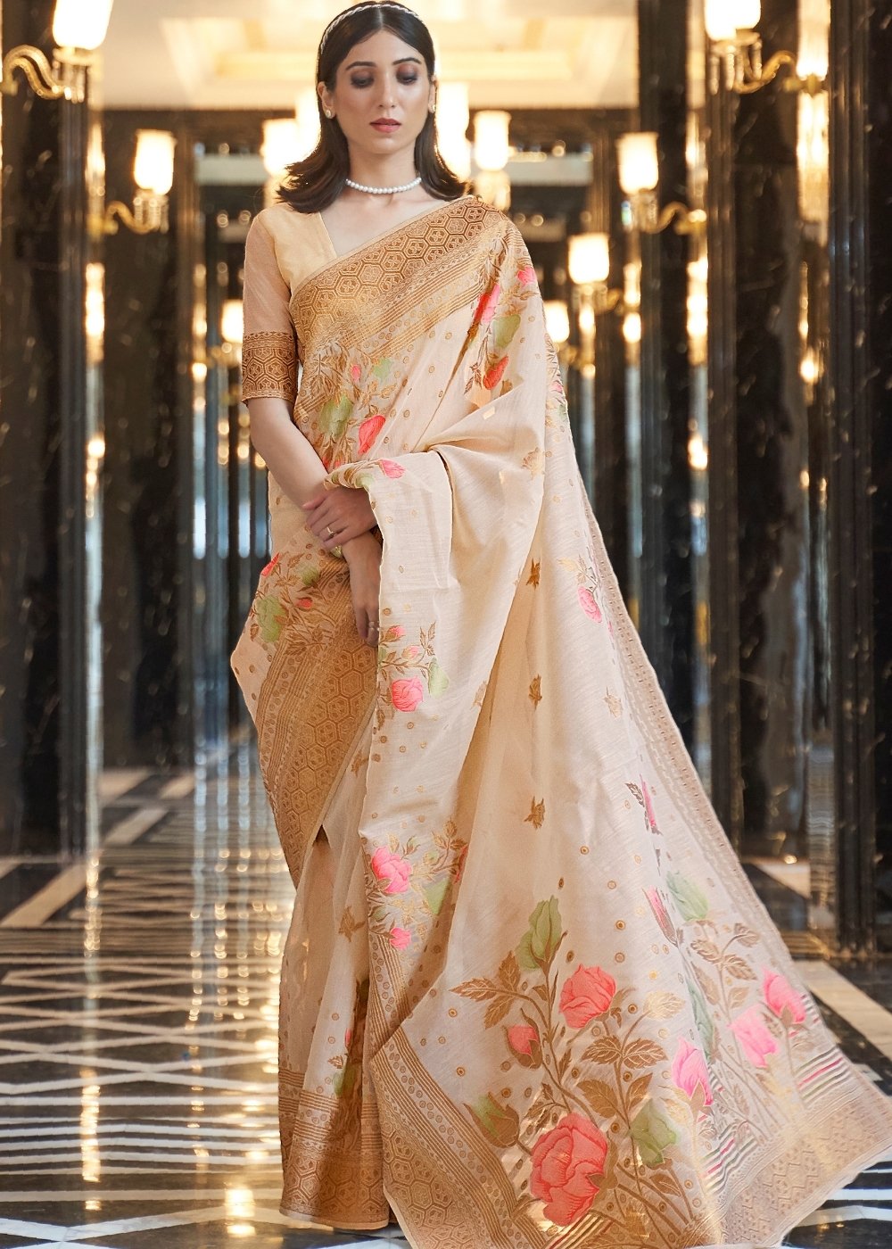 Beige Brown Zari Woven Linen Silk Saree Clothsvilla