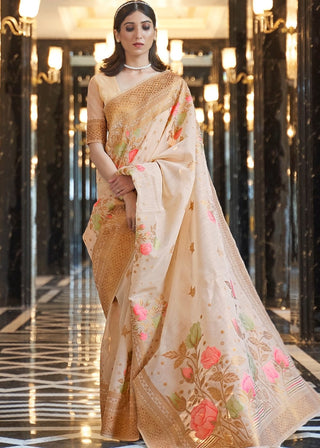 Beige Brown Zari Woven Linen Silk Saree Clothsvilla