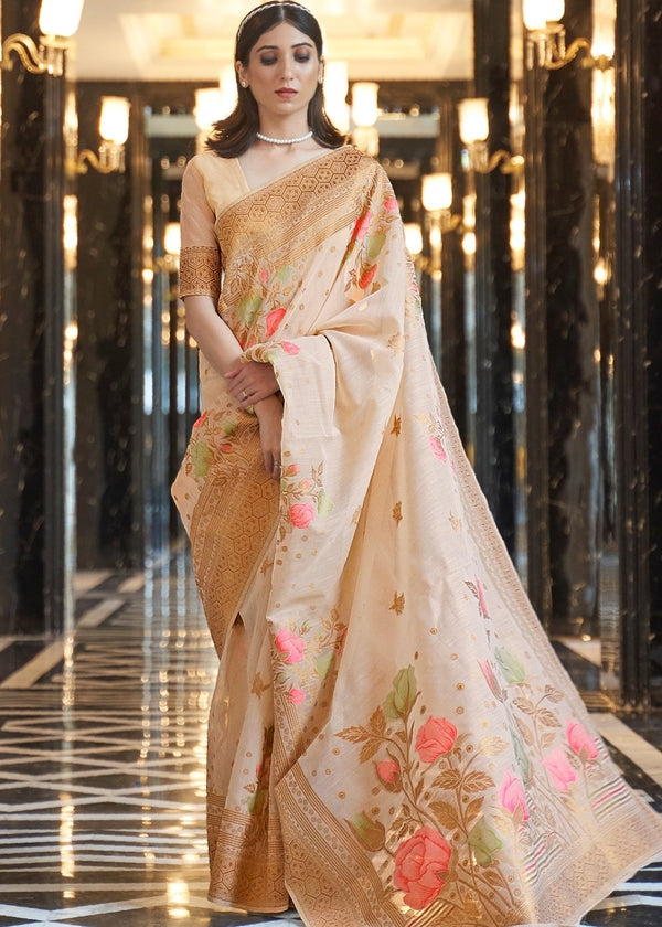 Beige Brown Zari Woven Linen Silk Saree Clothsvilla