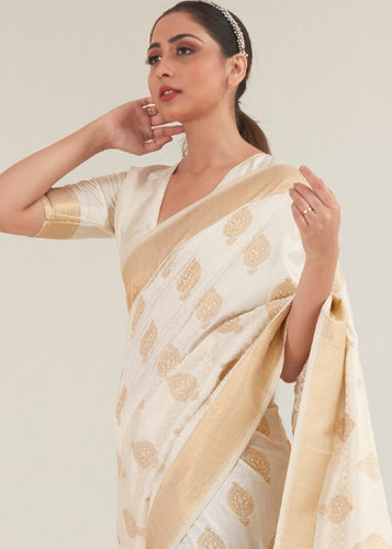 Beige White Zari Butta Woven Banasari Silk Saree Clothsvilla