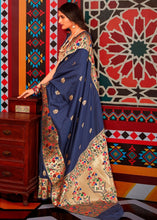 Load image into Gallery viewer, Denim Blue Zari Woven Paithani Silk Saree Clothsvilla