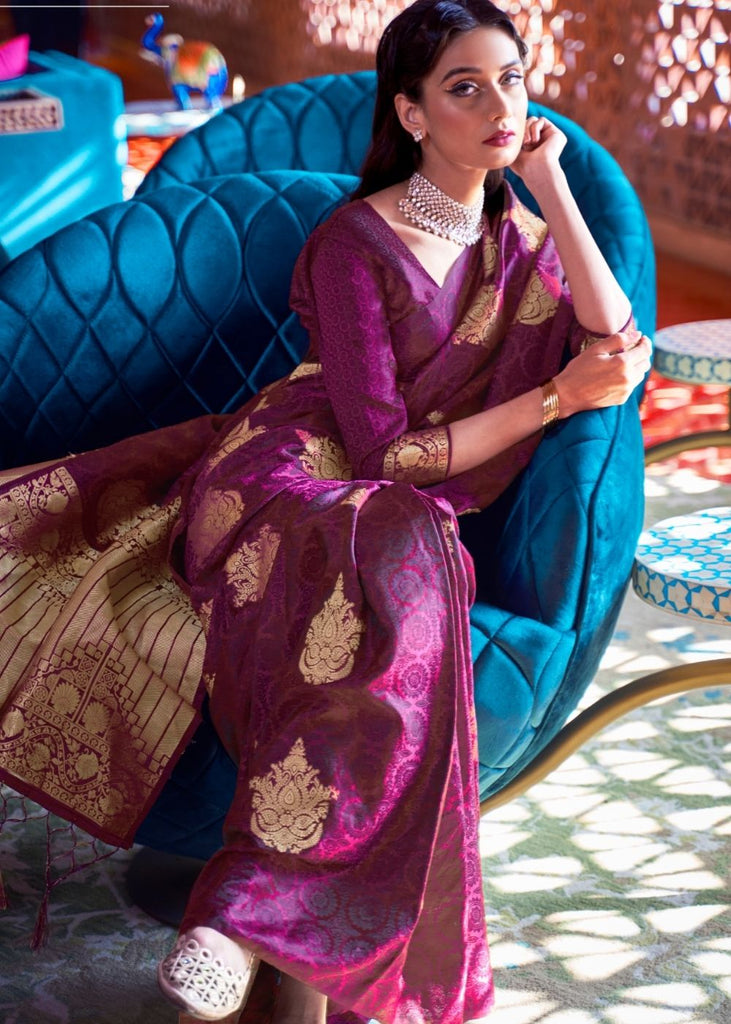 Lollipop Purple Satin Silk Saree with overall Golden Butti Clothsvilla