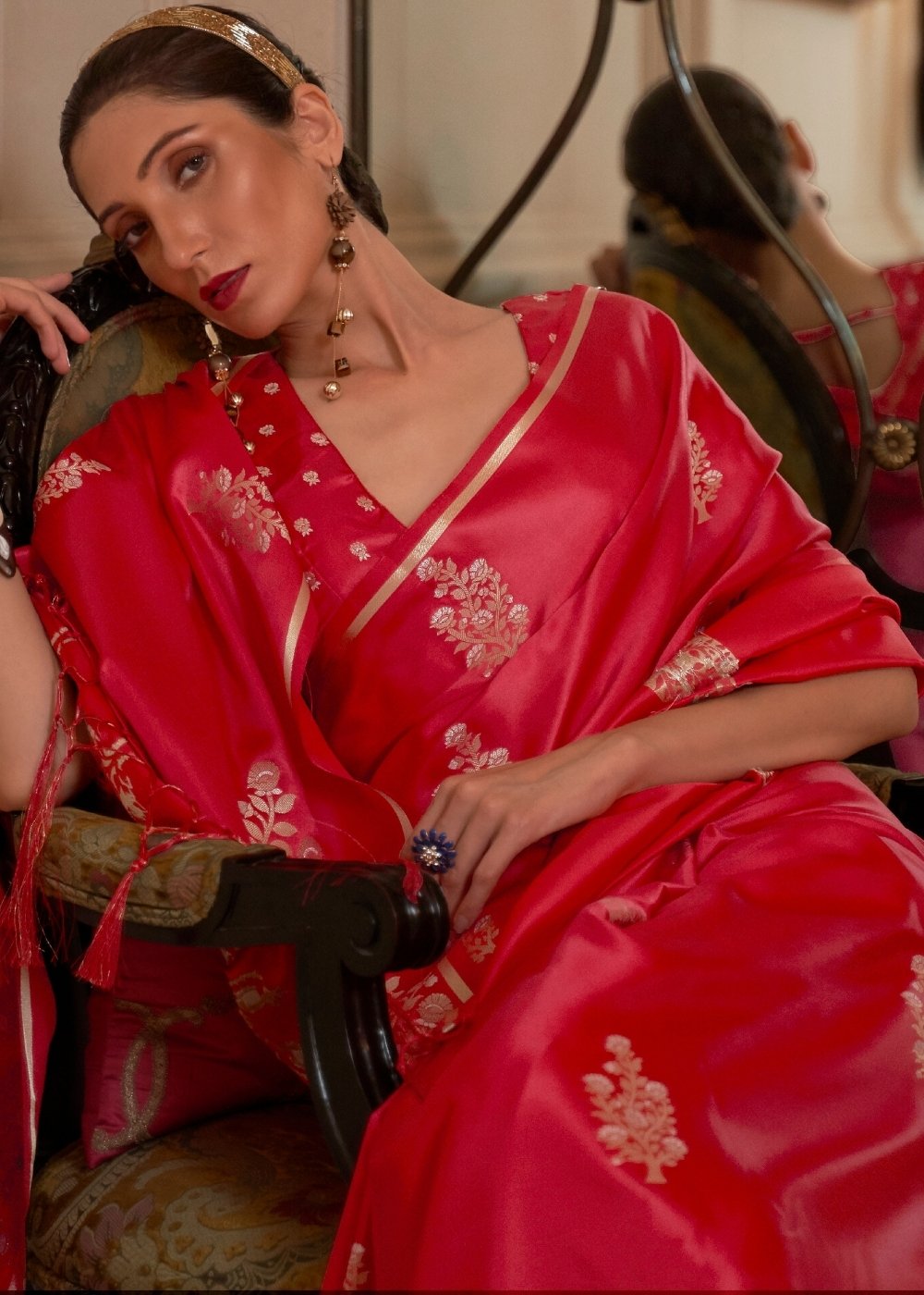 Radical Red Designer Satin Silk Saree Secondary image