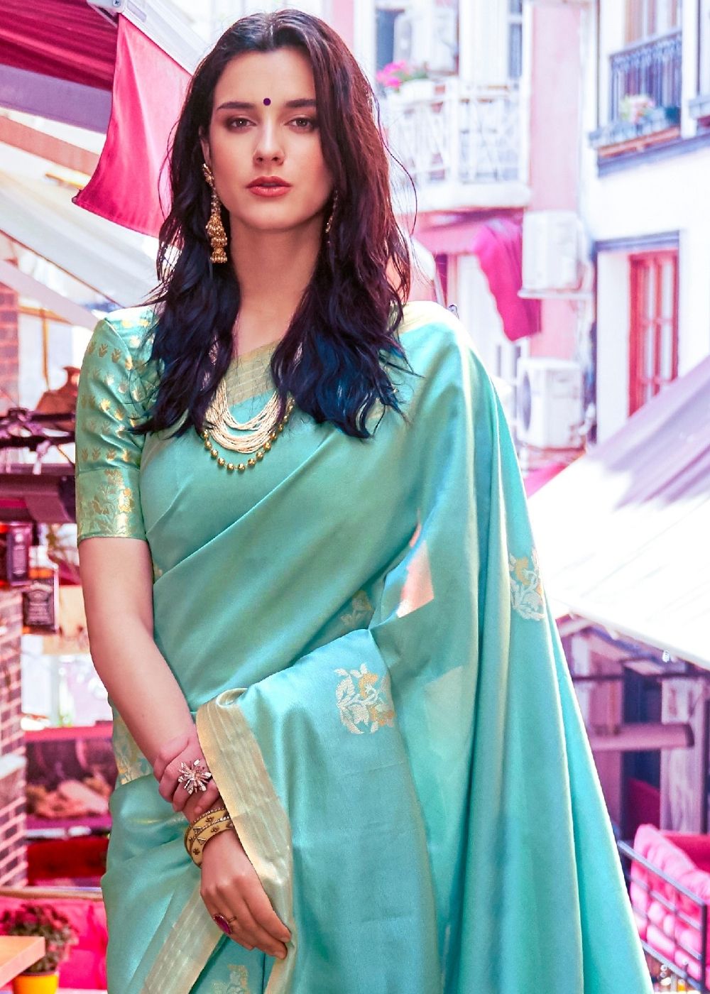 Aqua Blue Designer Wear Woven Banarasi Silk Saree Clothsvilla