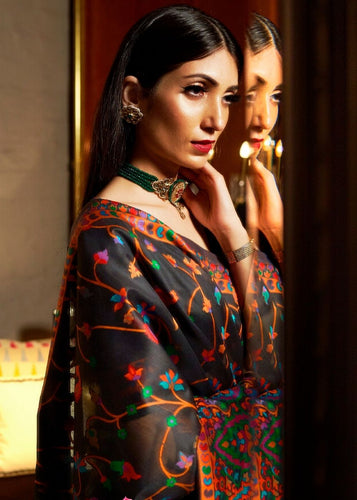 Ebony Black Banarasi Jamawar Woven Silk Saree : Top Pick Clothsvilla