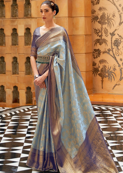 Coral Blue Zari Woven Kanjivaram Silk Saree Clothsvilla Main image