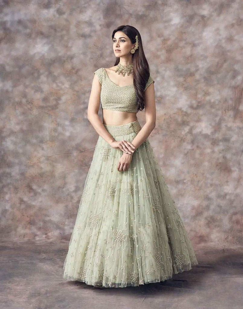 Lehenga Choli In Mint Green Color with Satin Blouse and Dupatta ClothsVilla