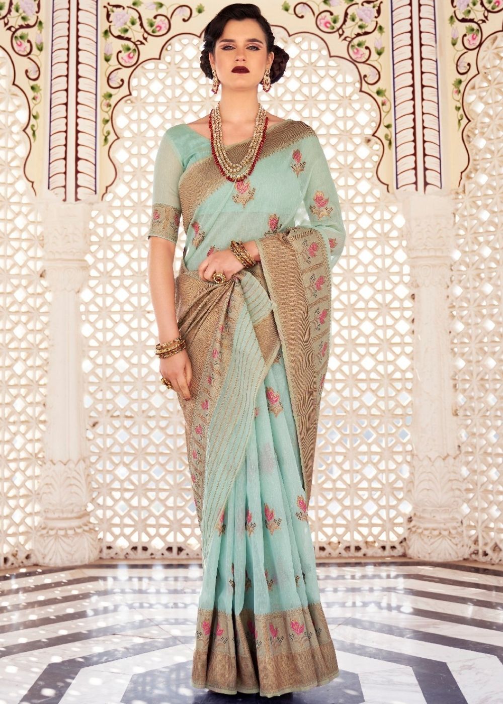 Turkish Blue Linen Woven Silk Saree with Zari work on Border and Pallu Clothsvilla