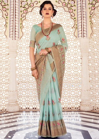 Turkish Blue Linen Woven Silk Saree with Zari work on Border and Pallu Clothsvilla