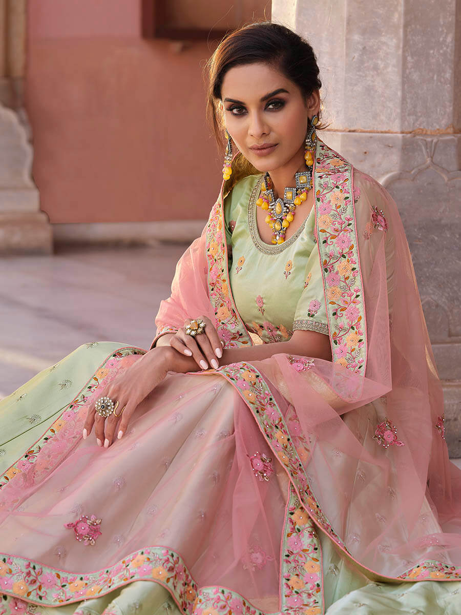 Pista Green Embroidered Designer Lehenga Choli Clothsvilla