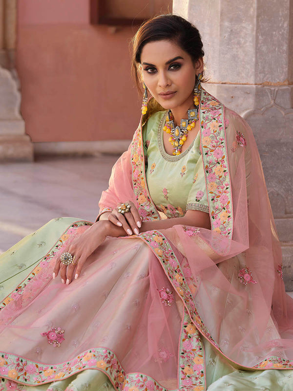 Pista Green Embroidered Designer Lehenga Choli Clothsvilla