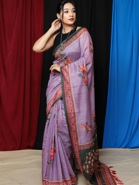 Vaani Cotton Floral Printed Saree Lavender Clothsvilla Main image