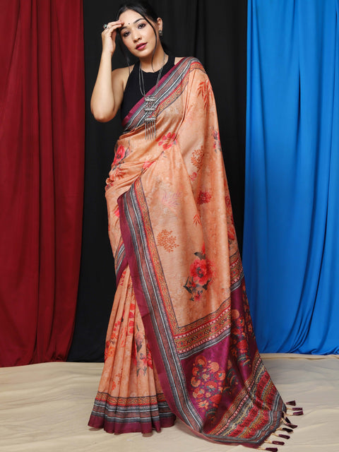 Vaani Cotton Floral Printed Saree Peach Clothsvilla Main image