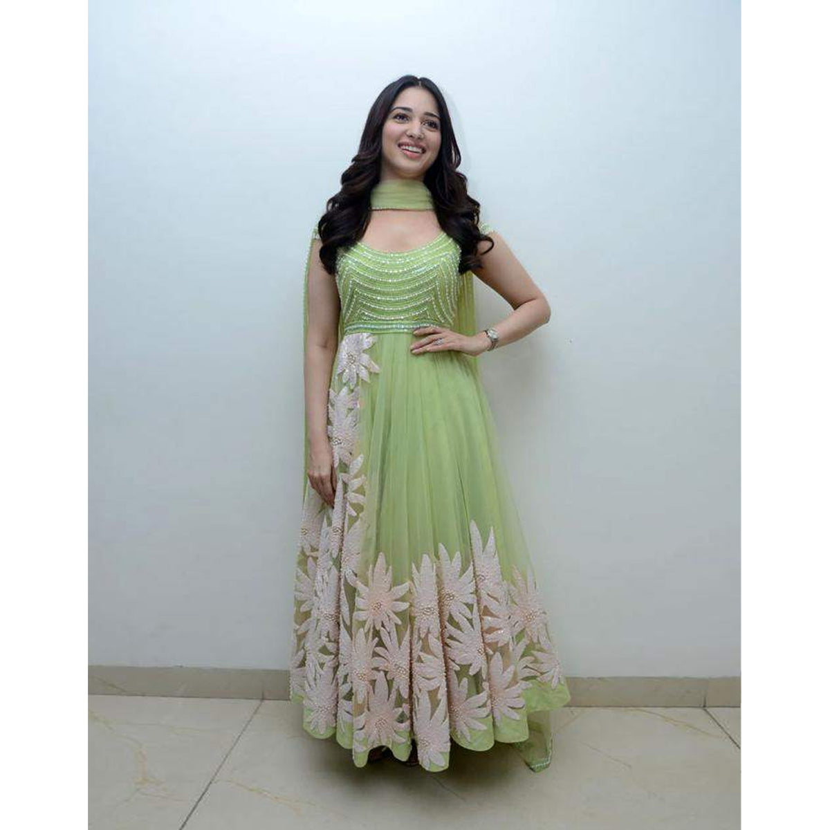 Gorgeous Light Green Thread Embroidered Ready-Made Pleated Gown ClothsVilla
