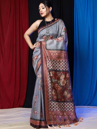 Vaani Cotton Floral Printed Saree Grey Clothsvilla