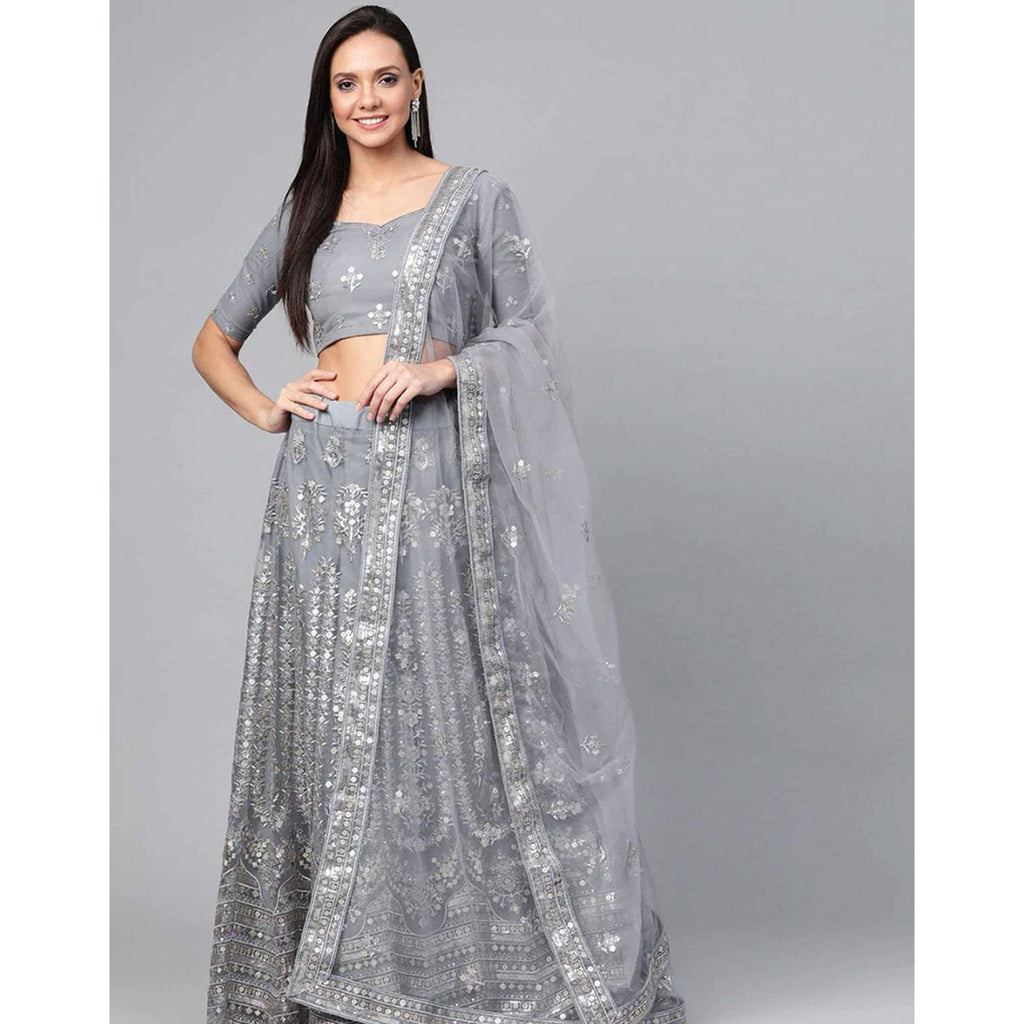 Regent Grey Thread, Sequence and Zari Work Lehenga choli ClothsVilla