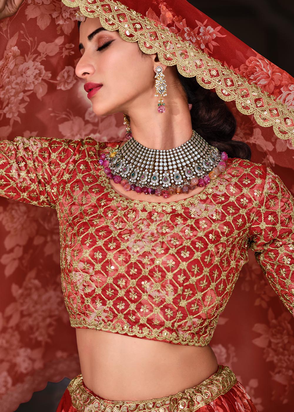 Carmine Red Floral Printed Organza Lehenga with Zari, Dori & Sequins Work Clothsvilla