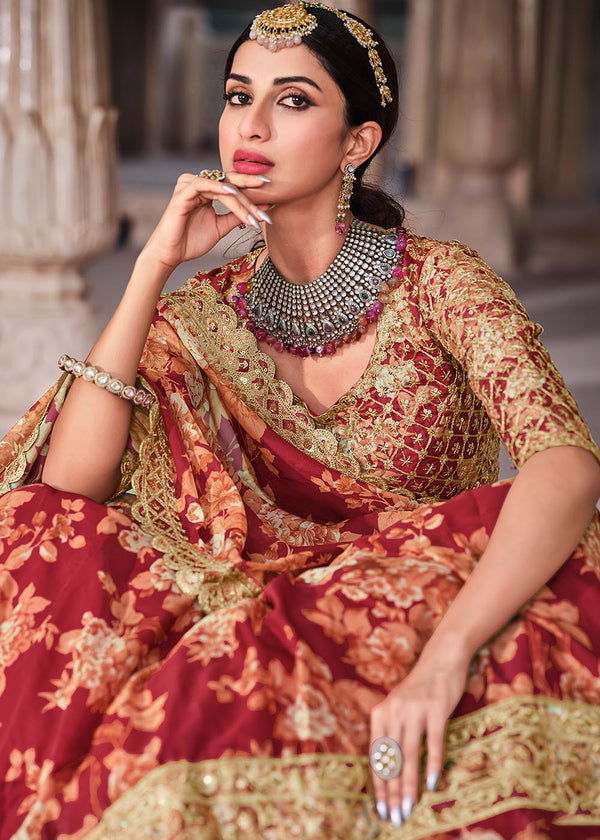 Carmine Red Floral Printed Organza Lehenga with Zari, Dori & Sequins Work Clothsvilla