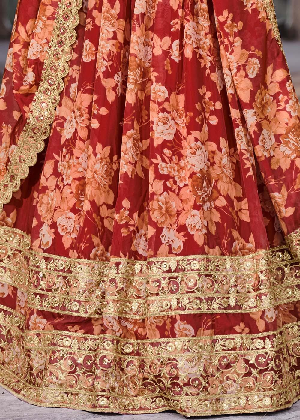 Carmine Red Floral Printed Organza Lehenga with Zari, Dori & Sequins Work Clothsvilla