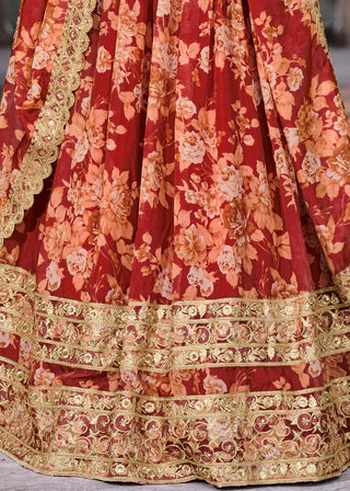 Carmine Red Floral Printed Organza Lehenga with Zari, Dori & Sequins Work Clothsvilla