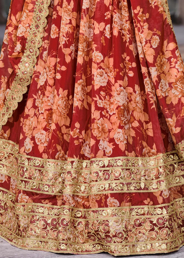Carmine Red Floral Printed Organza Lehenga with Zari, Dori & Sequins Work Clothsvilla