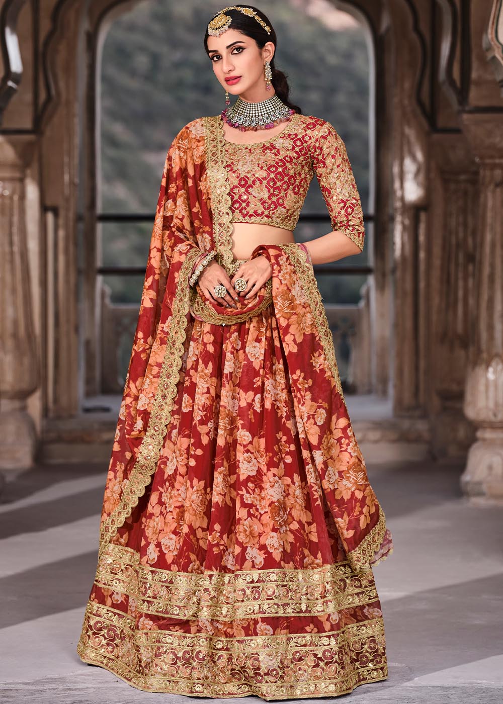 Carmine Red Floral Printed Organza Lehenga with Zari, Dori & Sequins Work Clothsvilla