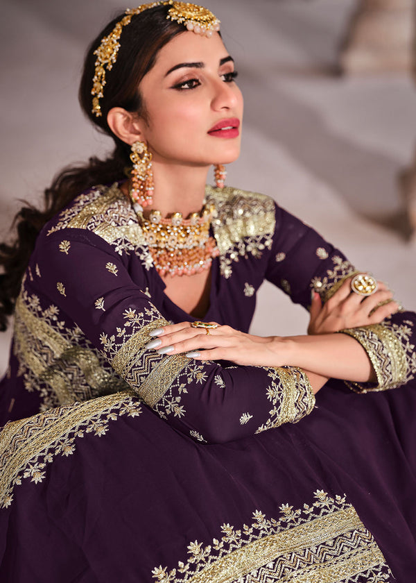 Eggplant Purple Georgette Lehenga Choli with Zari & Sequins Work Clothsvilla