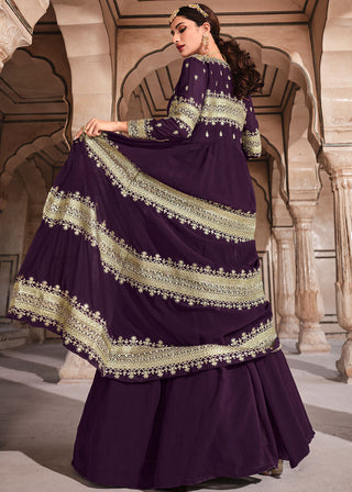Eggplant Purple Georgette Lehenga Choli with Zari & Sequins Work Clothsvilla
