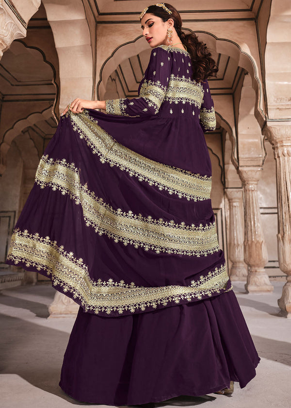 Eggplant Purple Georgette Lehenga Choli with Zari & Sequins Work Clothsvilla