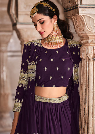 Eggplant Purple Georgette Lehenga Choli with Zari & Sequins Work Clothsvilla