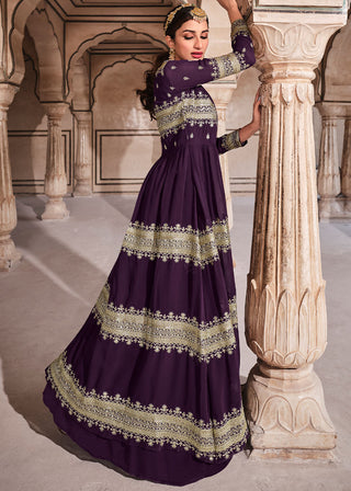 Eggplant Purple Georgette Lehenga Choli with Zari & Sequins Work Clothsvilla