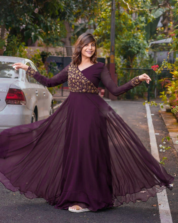 Wedding Wear Wine Color Sequence Work Long Gown