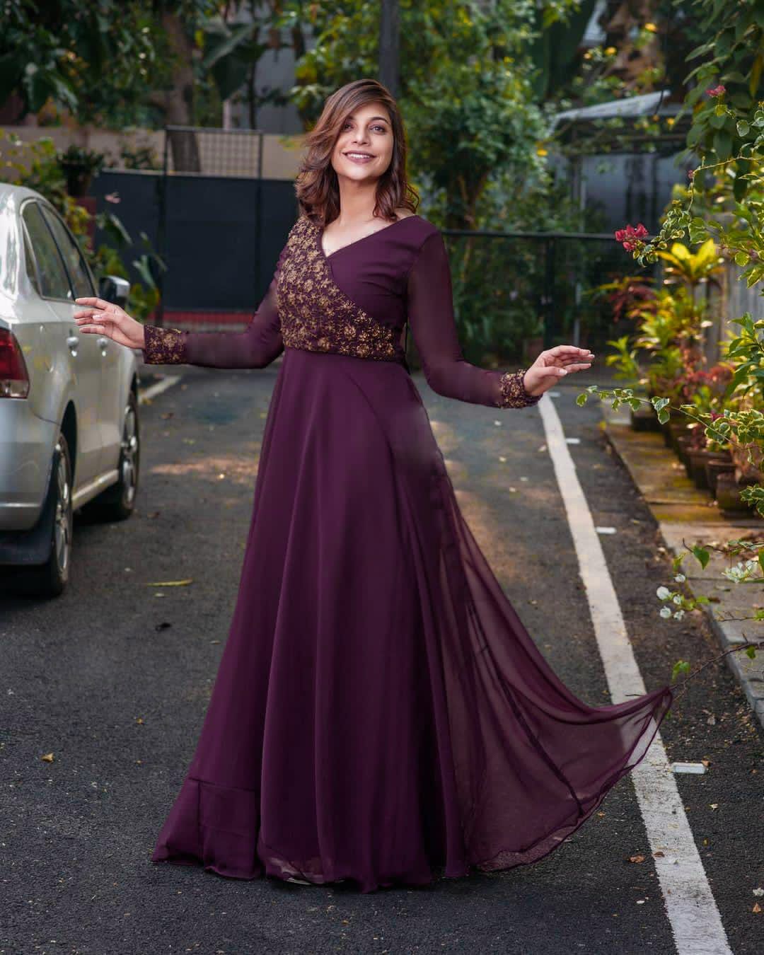 Wedding Wear Wine Color Sequence Work Long Gown Main image