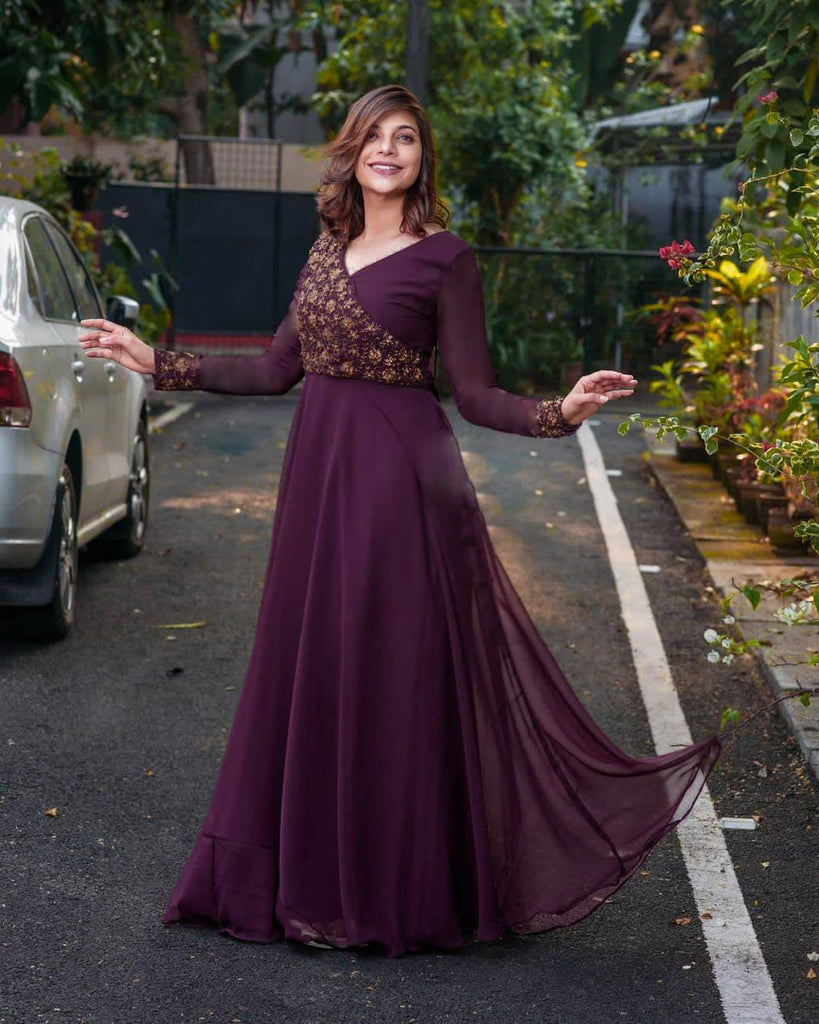 Wedding Wear Wine Color Sequence Work Long Gown