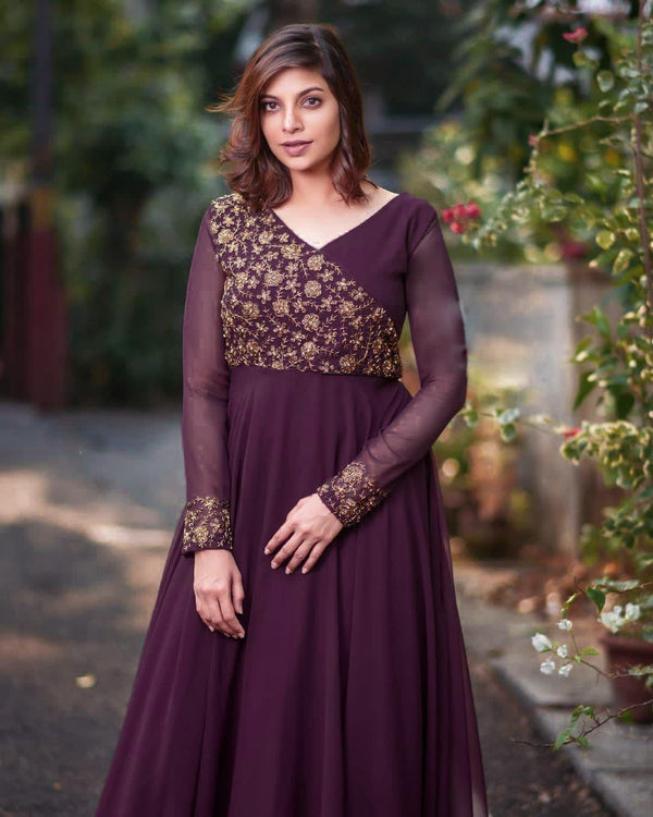 Wedding Wear Wine Color Sequence Work Long Gown