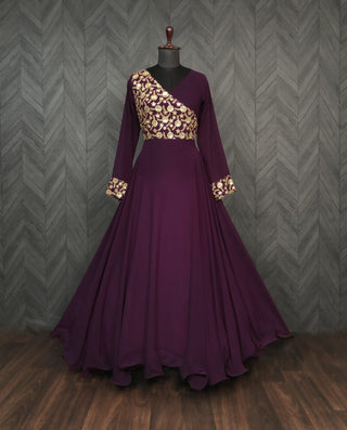 Wedding Wear Wine Color Sequence Work Long Gown
