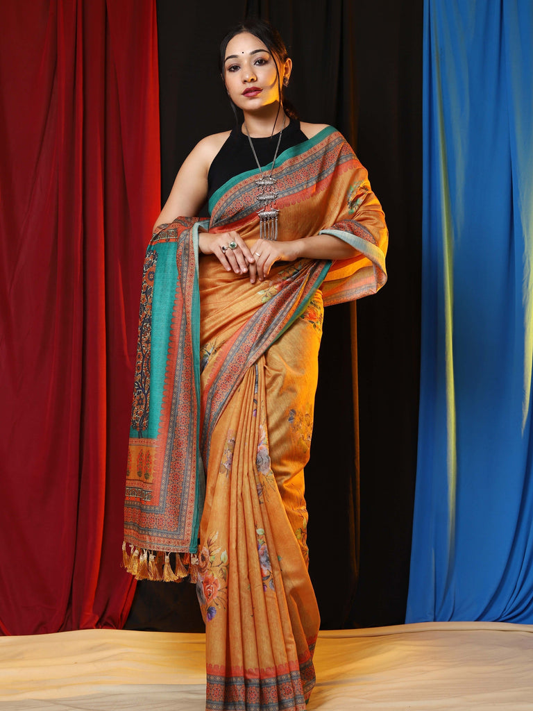 Vaani Cotton Floral Printed Saree Mustard Clothsvilla