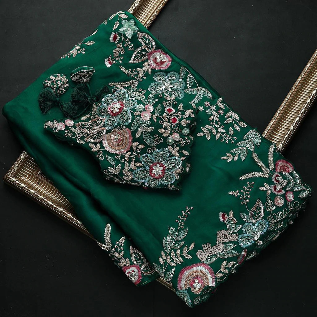 Gorgeous Organza Saree with Thread, Sequins, and Zari Embroidery work ClothsVilla