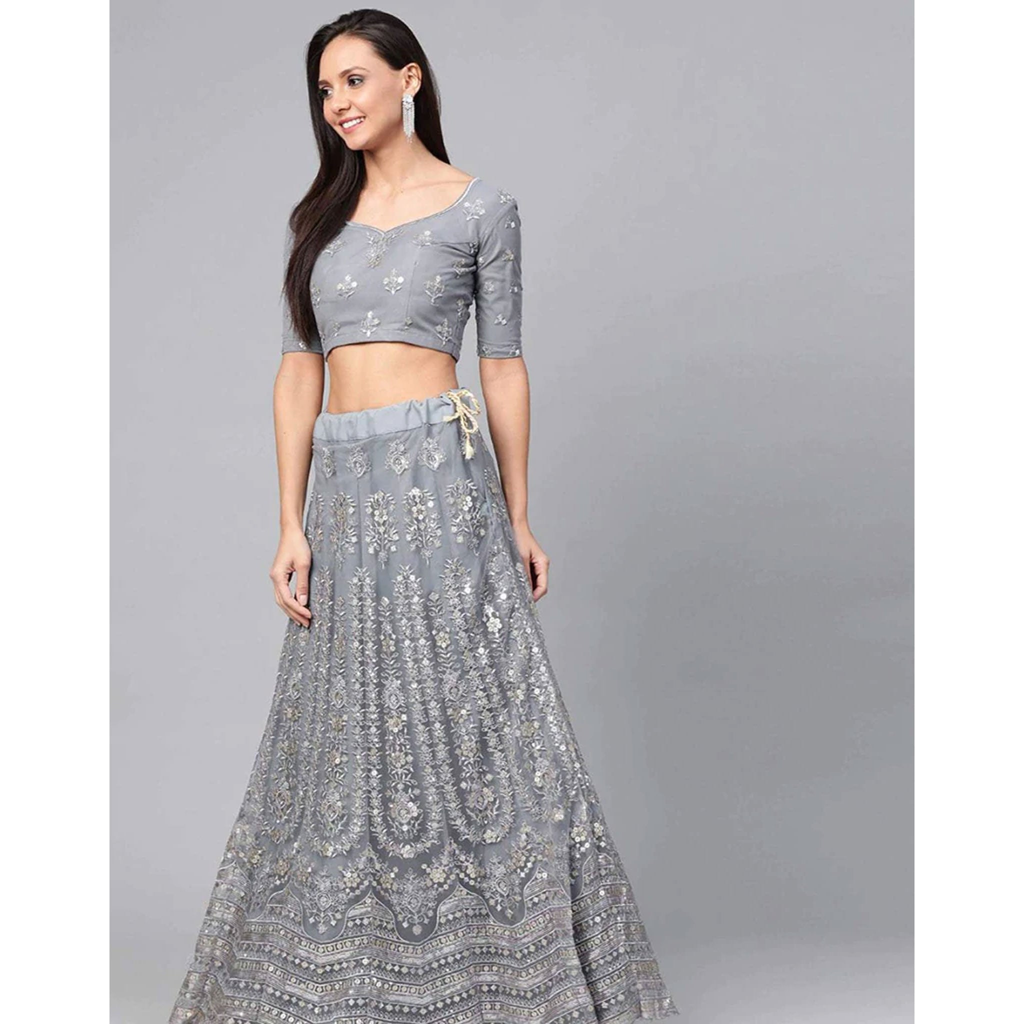 Regent Grey Thread, Sequence and Zari Work Lehenga choli ClothsVilla