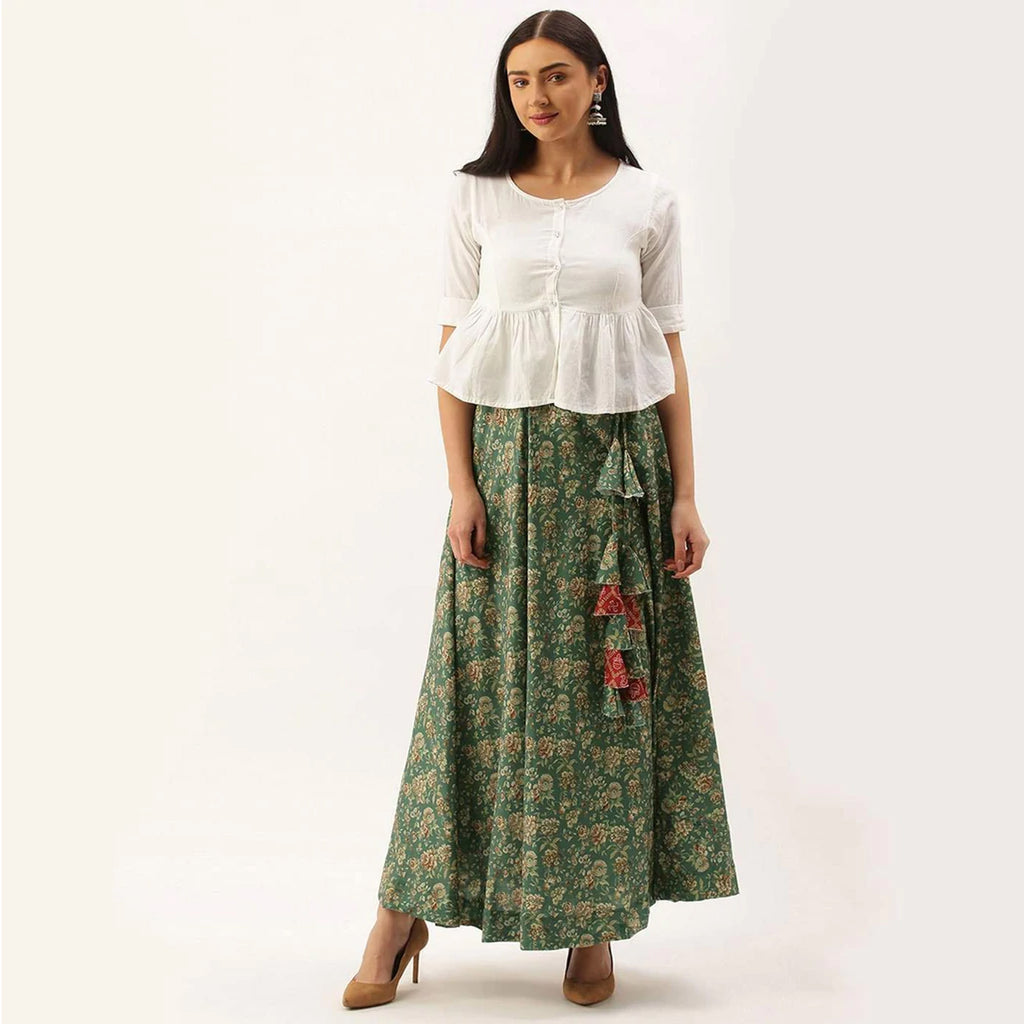 Green Color Digital Print Skirt ClothsVilla